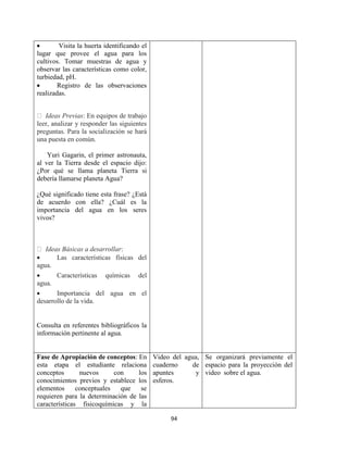 94
 Visita la huerta identificando el
lugar que provee el agua para los
cultivos. Tomar muestras de agua y
observar las características como color,
turbiedad, pH.
 Registro de las observaciones
realizadas.
Ideas Previas: En equipos de trabajo
leer, analizar y responder las siguientes
preguntas. Para la socialización se hará
una puesta en común.
Yuri Gagarin, el primer astronauta,
al ver la Tierra desde el espacio dijo:
¿Por qué se llama planeta Tierra si
debería llamarse planeta Agua?
¿Qué significado tiene esta frase? ¿Está
de acuerdo con ella? ¿Cuál es la
importancia del agua en los seres
vivos?
Ideas Básicas a desarrollar:
 Las características físicas del
agua.
 Características químicas del
agua.
 Importancia del agua en el
desarrollo de la vida.
Consulta en referentes bibliográficos la
información pertinente al agua.
Fase de Apropiación de conceptos: En
esta etapa el estudiante relaciona
conceptos nuevos con los
conocimientos previos y establece los
elementos conceptuales que se
requieren para la determinación de las
características fisicoquímicas y la
Video del agua,
cuaderno de
apuntes y
esferos.
Se organizará previamente el
espacio para la proyección del
video sobre el agua.
 