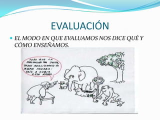 EVALUACIÓN
 EL MODO EN QUE EVALUAMOS NOS DICE QUÉ Y
 CÓMO ENSEÑAMOS.
 