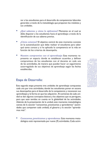 var a los estudiantes para el desarrollo de competencias laborales
    generales a través de la metodología que proponen los módulos y
    sus unidades.

•   ¿Qué sabemos y cómo lo aplicamos? Momento en el cual se
    debe disponer a los estudiantes hacia el aprendizaje a través de la
    identificación de sus saberes previos.

•   ¿Cómo estamos? El objetivo central de este momento consiste
    en la autoevaluación que debe realizar el estudiante para saber
    qué tanto conoce y si ha aplicado la competencia en la vida en
    función de los criterios de desempeño.

•   Nuestro compromiso con el aprendizaje: Este momento re-
                                                                RESPONSABILIDAD SOCI
    presenta un espacio donde se establecen acuerdos y definen ORIENTACIÓN AL
                                                                VIDAD
                                                                APRENDER A APRENDER
    compromisos de los estudiantes con el docente en cada una
                                                                             17 EQUI
                                                                AMBIENTAL MANEJO D
    de las actividades, de manera que puedan hacer un seguimiento TRABAJO EN SOLU
                                                                TOS
                                                                MINIO PERSONAL
                                                                PROBLEMAS COMUNICA
    autorregulado de sus objetivos de aprendizaje según las fechas
                                                                TIFICACIÓN DE OPORTU
                                                                NEGOCIO ELABORACIÓ
    establecidas.                                               DE NEGOCIO RESPONSA
                                                                    CIAL CREATIVIDAD ORIE
                                                                    SERVICIO   APRENDER
                                                                    GESTIÓN AMBIENTAL M
                                                                    CONFLICTOS TRABAJO
                                                                    DOMINIO PERSONAL SO
                                                                    PROBLEMAS COMUNIC
Etapa de Desarrollo:                                                TIFICACIÓN DE OPORTU
                                                                    NEGOCIO ELABORACIÓ
                                                                    DE NEGOCIO RESPONSA
                                                                    CIAL CREATIVIDAD ORIE
                                                                    SERVICIO    APRENDER
Esta segunda etapa presenta tres unidades de aprendizaje compuestas GESTIÓN AMBIENTAL M
cada una por tres actividades, donde los estudiantes ponen en escena
sus desempeños para el desarrollo de la competencia y reconocen sus
aprendizajes y la forma en que los adquieren. Al comienzo de cada uni-
dad se dan algunos conceptos básicos y los objetivos que se persiguen,
para que sean tenidos en cuenta en la globalidad de las actividades.
Además de la presentación de la unidad, este momento metodológico
consta de la sección “conocemos, practicamos y aprendemos” (activi-
dades que componen cada unidad), el glosario y la sección “aprenda-
mos más”.


•   Conocemos, practicamos y aprendemos: Este momento meto-
    dológico está representado por nueve (9) actividades. Cada activi-
 