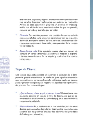 dad contiene objetivos y algunas anotaciones conceptuales como
                         guía para los docentes y referencias para orientar su realización.
                         Al final de cada actividad se propone un ejercicio de metacog-
                         nición, con el fin de hacer conciencia sobre lo que se aprendió,
                         como se aprendió y que faltó por aprender.

                 •       Glosario: Esta sección presenta una relación de conceptos bási-
                         cos contemplados en la unidad de aprendizaje con su respectiva
                         definición. El objetivo central de esta parte es consolidar los con-
                         ceptos que sustentan el desarrollo y comprensión de la compe-
                         tencia trabajada.

                 •       Aprendamos más: Este apartado ofrece diversas fuentes de
                         consulta en libros e Internet. Su objetivo es motivar la explora-
BILIDAD SOCIAL CREATI-
 NTACIÓN AL SERVICIO     ción documental con el fin de ampliar y confrontar los saberes
 A APRENDER GESTIÓN
   MANEJO DE CONFLIC-    construidos.
       18
AJO EN EQUIPO DO-
SONAL SOLUCION DE
S COMUNICACIÓN IDEN-
  DE OPORTUNIDADES DE
 ELABORACIÓN DE PLANES
O RESPONSABILIDAD SO-
                 Etapa de Cierre:
TIVIDAD ORIENTACIÓN AL
  APRENDER A APRENDER
MBIENTAL MANEJO DE
 S TRABAJO EN EQUIPO
ERSONAL SOLUCION DE
                 Esta tercera etapa está centrada en concretar la aplicación de la com-
S COMUNICACIÓN IDEN-
  DE OPORTUNIDADES DE
                 petencia, generar mecanismos de nivelación para aquellos estudiantes
 ELABORACIÓN DE PLANES
O RESPONSABILIDAD SO-
                 que, eventualmente, no hayan alcanzado suficientes niveles de desem-
TIVIDAD ORIENTACIÓN AL
   APRENDER A APRENDER
                 peño y generar un espacio para registrar los aportes más significativos
MBIENTAL MANEJO DE
                 del proceso. Está constituida por:


                 •       ¿Qué sabemos ahora y qué podemos hacer? El objetivo de este
                         momento consiste en valorar el nivel de desempeño que los es-
                         tudiantes han alcanzado en su aprendizaje y en el desarrollo de la
                         competencia trabajada.

                 •       Mejoramiento: Es el momento en el cual se define, para los estu-
                         diantes que aún no han logrado los desempeños esperados, unas
                         acciones que les permitan alcanzar los objetivos de aprendizaje
                         definidos para cada unidad.
 