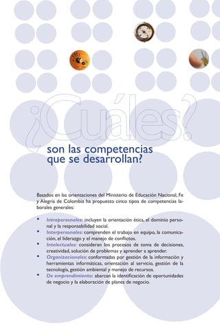 son las competencias
    que se desarrollan?

Basados en las orientaciones del Ministerio de Educación Nacional, Fe
y Alegría de Colombia ha propuesto cinco tipos de competencias la-
borales generales:

•   Intrapersonales: incluyen la orientación ética, el dominio perso-
    nal y la responsabilidad social.
•   Interpersonales: comprenden el trabajo en equipo, la comunica-
    ción, el liderazgo y el manejo de conflictos.
•   Intelectuales: consideran los procesos de toma de decisiones,
    creatividad, solución de problemas y aprender a aprender.
•   Organizacionales: conformadas por gestión de la información y
    herramientas informáticas, orientación al servicio, gestión de la
    tecnología, gestión ambiental y manejo de recursos.
•   De emprendimiento: abarcan la identificación de oportunidades
    de negocio y la elaboración de planes de negocio.
 