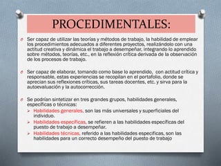 PROCEDIMENTALES:
O Ser capaz de utilizar las teorías y métodos de trabajo, la habilidad de emplear
los procedimientos adecuados a diferentes proyectos, realizándolo con una
actitud creativa y dinámica el trabajo a desempeñar, integrando lo aprendido
sobre métodos, teorías, etc., en la reflexión crítica derivada de la observación
de los procesos de trabajo.
O Ser capaz de elaborar, tomando como base lo aprendido, con actitud crítica y
responsable, estas experiencias se recopilan en el portafolio, donde se
aprecian sus reflexiones críticas, sus tareas docentes, etc. y sirva para la
autoevaluación y la autocorrección.
O Se podrían sintetizar en tres grandes grupos, habilidades generales,
específicas o técnicas:
 Habilidades generales, son las más universales y superficiales del
individuo.
 Habilidades específicas, se refieren a las habilidades específicas del
puesto de trabajo a desempeñar.
 Habilidades técnicas, referido a las habilidades especificas, son las
habilidades para un correcto desempeño del puesto de trabajo
 