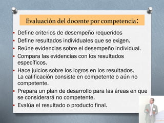Evaluación del docente por competencia:
 Define criterios de desempeño requeridos
 Define resultados individuales que se exigen.
 Reúne evidencias sobre el desempeño individual.
 Compara las evidencias con los resultados
específicos.
 Hace juicios sobre los logros en los resultados.
La calificación consiste en competente o aún no
competente.
 Prepara un plan de desarrollo para las áreas en que
se considerará no competente.
 Evalúa el resultado o producto final.
 
