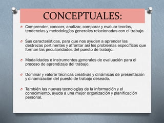 CONCEPTUALES:
O Comprender, conocer, analizar, comparar y evaluar teorías,
tendencias y metodologías generales relacionadas con el trabajo.
O Sus características, para que nos ayuden a aprender las
destrezas pertinentes y afrontar así los problemas específicos que
forman las peculiaridades del puesto de trabajo.
O Modalidades e instrumentos generales de evaluación para el
proceso de aprendizaje del trabajo.
O Dominar y valorar técnicas creativas y dinámicas de presentación
y dinamización del puesto de trabajo deseado.
O También las nuevas tecnologías de la información y el
conocimiento, ayuda a una mejor organización y planificación
personal.
 