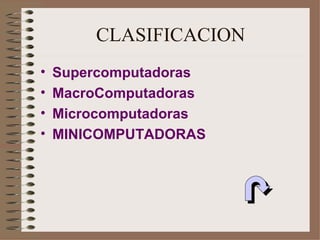 CLASIFICACION Supercomputadoras MacroComputadoras Microcomputadoras MINICOMPUTADORAS 