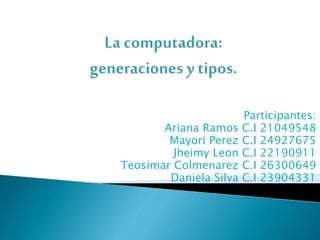 Participantes:
Ariana Ramos C.I 21049548
Mayori Perez C.I 24927675
Jheimy Leon C.I 22190911
Teosimar Colmenarez C.I 26300649
Daniela Silva C.I 23904331
 