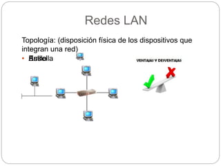 Redes LAN
Topología: (disposición física de los dispositivos que
integran una red)
• Bus• Estrella• Anillo
 