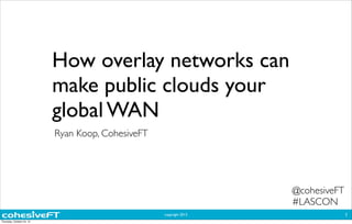 How overlay networks can 
make public clouds your 
global WAN 
Ryan Koop, CohesiveFT 
copyright 2013 
1 
@cohesiveFT 
#LASCON 
Thursday, October 24, 13 
 