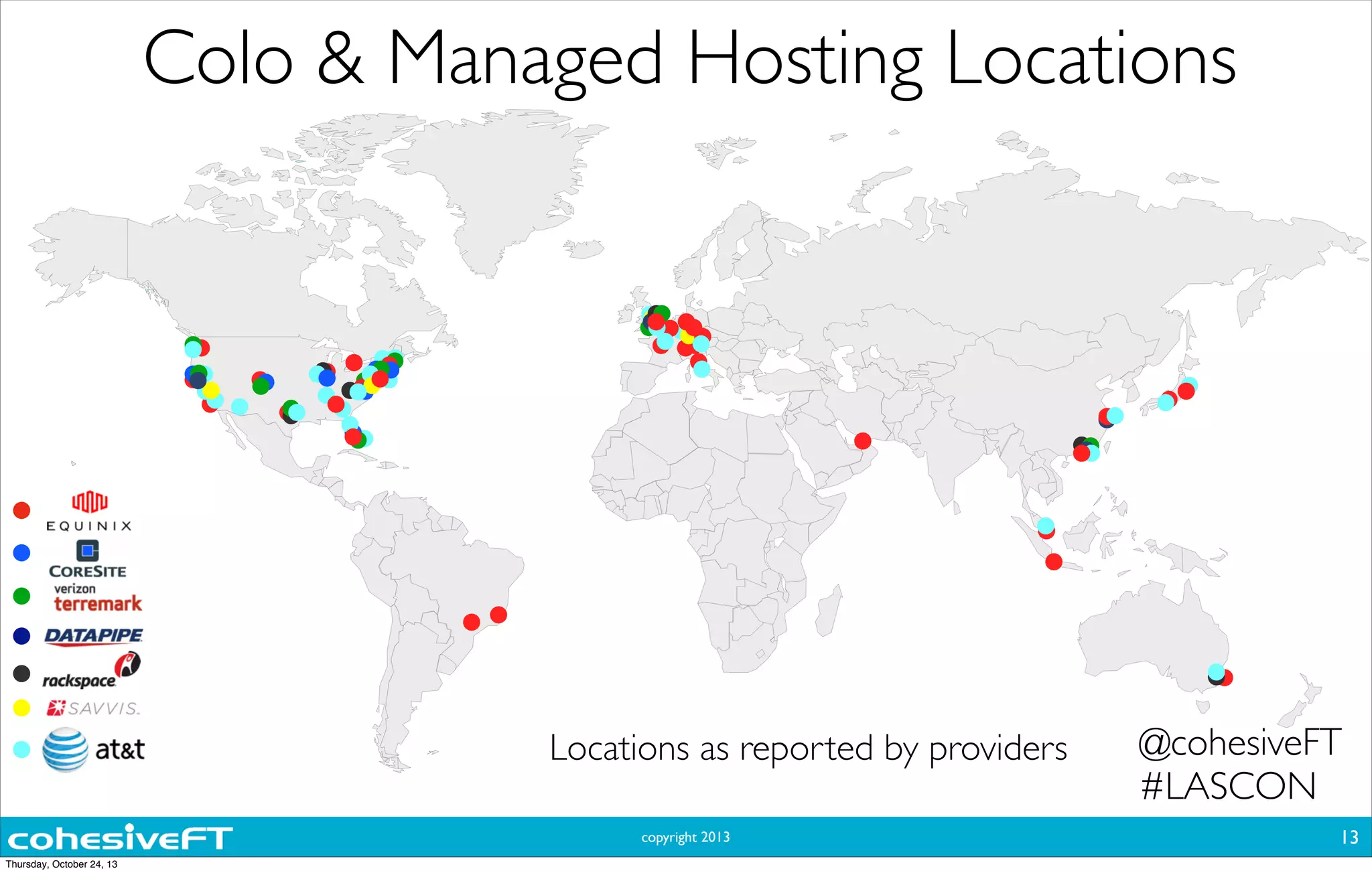 copyright 2013
Colo & Managed Hosting Locations
13
Locations as reported by providers @cohesiveFT
#LASCON
Thursday, October 24, 13
 