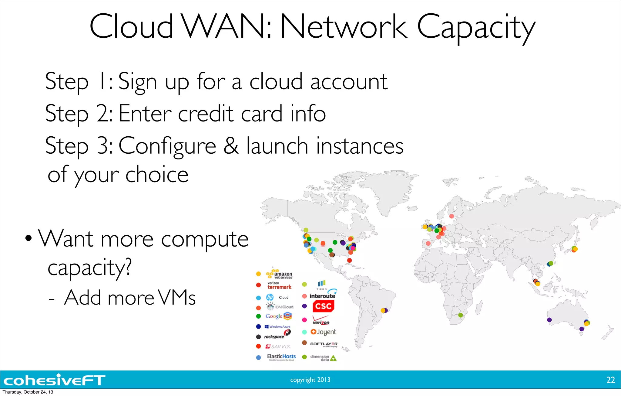 copyright 2013
Cloud WAN: Network Capacity
Step 1: Sign up for a cloud account
Step 2: Enter credit card info
Step 3: Conﬁgure & launch instances
of your choice
•Want more compute
capacity?
- Add moreVMs
22
Cloud
Thursday, October 24, 13
 