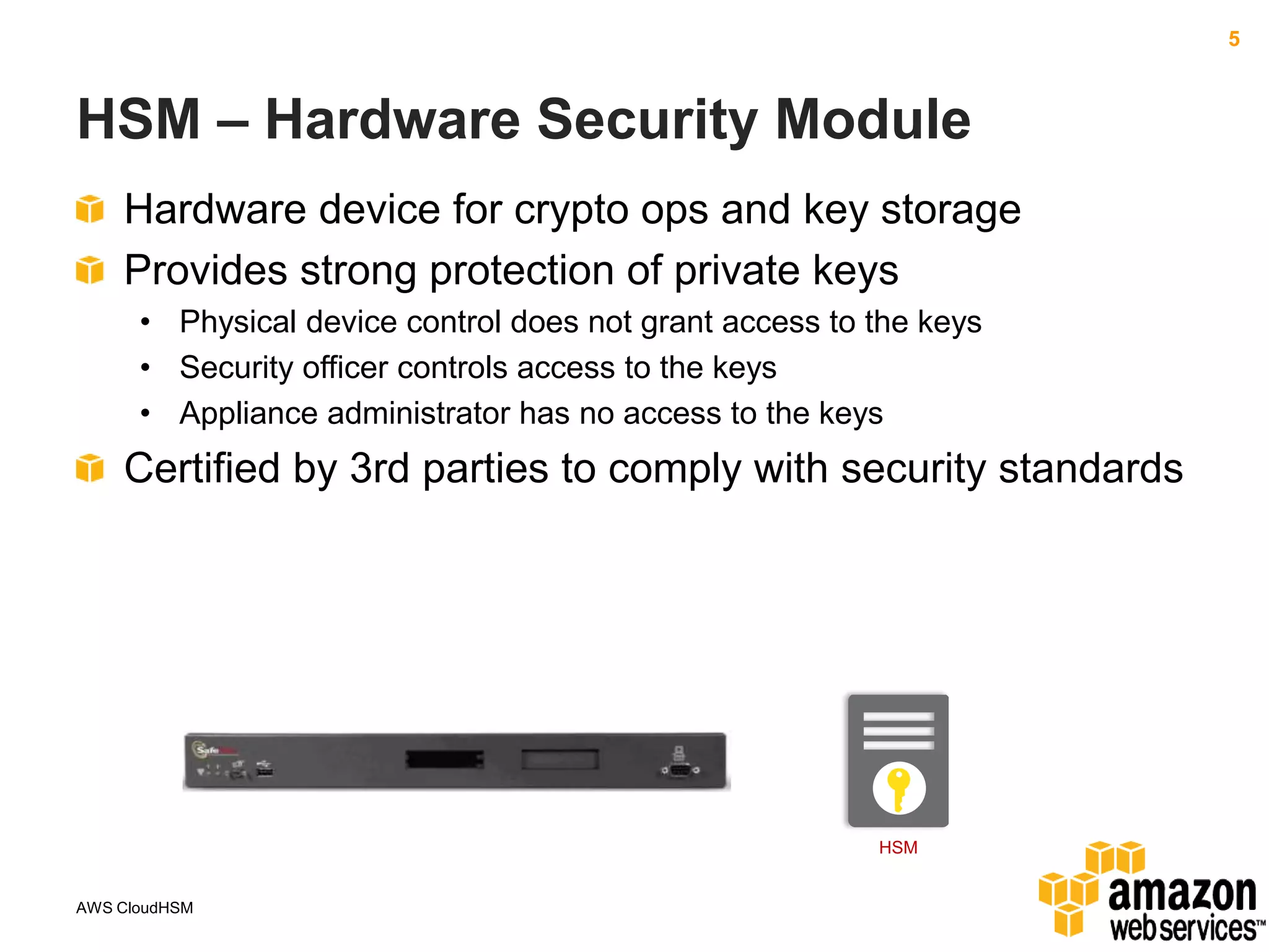 5

HSM – Hardware Security Module
Hardware device for crypto ops and key storage
Provides strong protection of private keys
• Physical device control does not grant access to the keys
• Security officer controls access to the keys
• Appliance administrator has no access to the keys

Certified by 3rd parties to comply with security standards

HSM

AWS CloudHSM

 