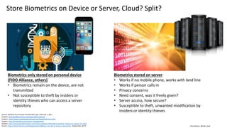 Clare Nelson, @Safe_SaaS
Store Biometrics on Device or Server, Cloud? Split?
Source: Webinar by Forrester and Nok Nok Labs, February 1, 2017
Graphic: http://findbiometrics.com/topics/fido-alliance/
Graphic: https://www.carphonewarehouse.com/apple/iphone-6.html
Graphic: http://kryptostech.com/server-management/
Graphic: http://www.planetbiometrics.com/article-details/i/5463/desc/facebook-rolling-out-support-for-fido/
Source: https://www.finextra.com/blogposting/14480/are-we-safe-to-bank-on-biometrics (September 2017)
Biometrics only stored on personal device
(FIDO Alliance, others)
• Biometrics remain on the device, are not
transmitted
• Not susceptible to theft by insiders or
identity thieves who can access a server
repository
Biometrics stored on server
• Works if no mobile phone, works with land line
• Works if person calls in
• Privacy concerns
• Need consent, was it freely given?
• Server access, how secure?
• Susceptible to theft, unwanted modification by
insiders or identity thieves
 