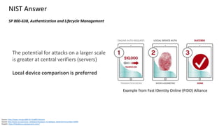 Source: https://pages.nist.gov/800-63-3/sp800-63b.html
Source: http://www.iso.org/iso/iso_catalogue/catalogue_tc/catalogue_detail.htm?csnumber=52946
Graphic: https://fidoalliance.org/approach-vision/
NIST Answer
SP 800-63B, Authentication and Lifecycle Management
The potential for attacks on a larger scale
is greater at central verifiers (servers)
Local device comparison is preferred
Example from Fast IDentity Online (FIDO) Alliance
 