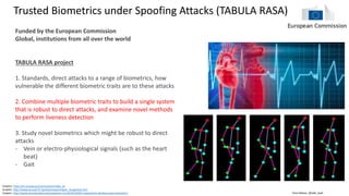 Clare Nelson, @Safe_SaaS
Trusted Biometrics under Spoofing Attacks (TABULA RASA)
Graphic: https://ec.europa.eu/commission/index_en
Graphic: http://www.ee.oulu.fi/~gyzhao/research/gait_recognition.htm
Graphic: http://www.homelandsecuritynewswire.com/dr20120302-researchers-develop-pulse-biometrics
Funded by the European Commission
Global, institutions from all over the world
TABULA RASA project
1. Standards, direct attacks to a range of biometrics, how
vulnerable the different biometric traits are to these attacks
2. Combine multiple biometric traits to build a single system
that is robust to direct attacks, and examine novel methods
to perform liveness detection
3. Study novel biometrics which might be robust to direct
attacks
- Vein or electro-physiological signals (such as the heart
beat)
- Gait
 
