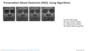 Clare Nelson, @Safe_SaaSSource: https://www.researchgate.net/publication/312937243_Presentation_Attack_Detection_Methods_for_Face_Recognition_Systems_-_A_Comprehensive_Survey
Presentation Attack Detection (PAD), Using Algorithms
(a) Bona fide image
(b) Laser printer artefact
(c) Inkjet printer artefact
(d) Display attack using iPad
Using Local Binary Patterns (LBPs) as PAD
 