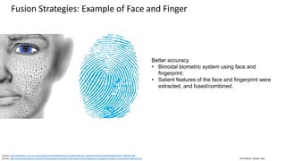 Clare Nelson, @Safe_SaaS
Source: http://biometrics.cse.msu.edu/Publications/Multibiometrics/SudhishJainCao_AdaptiveFusionIdentityDeduplication_PRL2016.pdf
Source: http://www.iphonehacks.com/2017/01/synaptics-launches-multi-factor-facial-fingerprint-recognition-engine-smartphones-tablets.html
Fusion Strategies: Example of Face and Finger
Better accuracy
• Bimodal biometric system using face and
fingerprint.
• Salient features of the face and fingerprint were
extracted, and fused/combined.
 