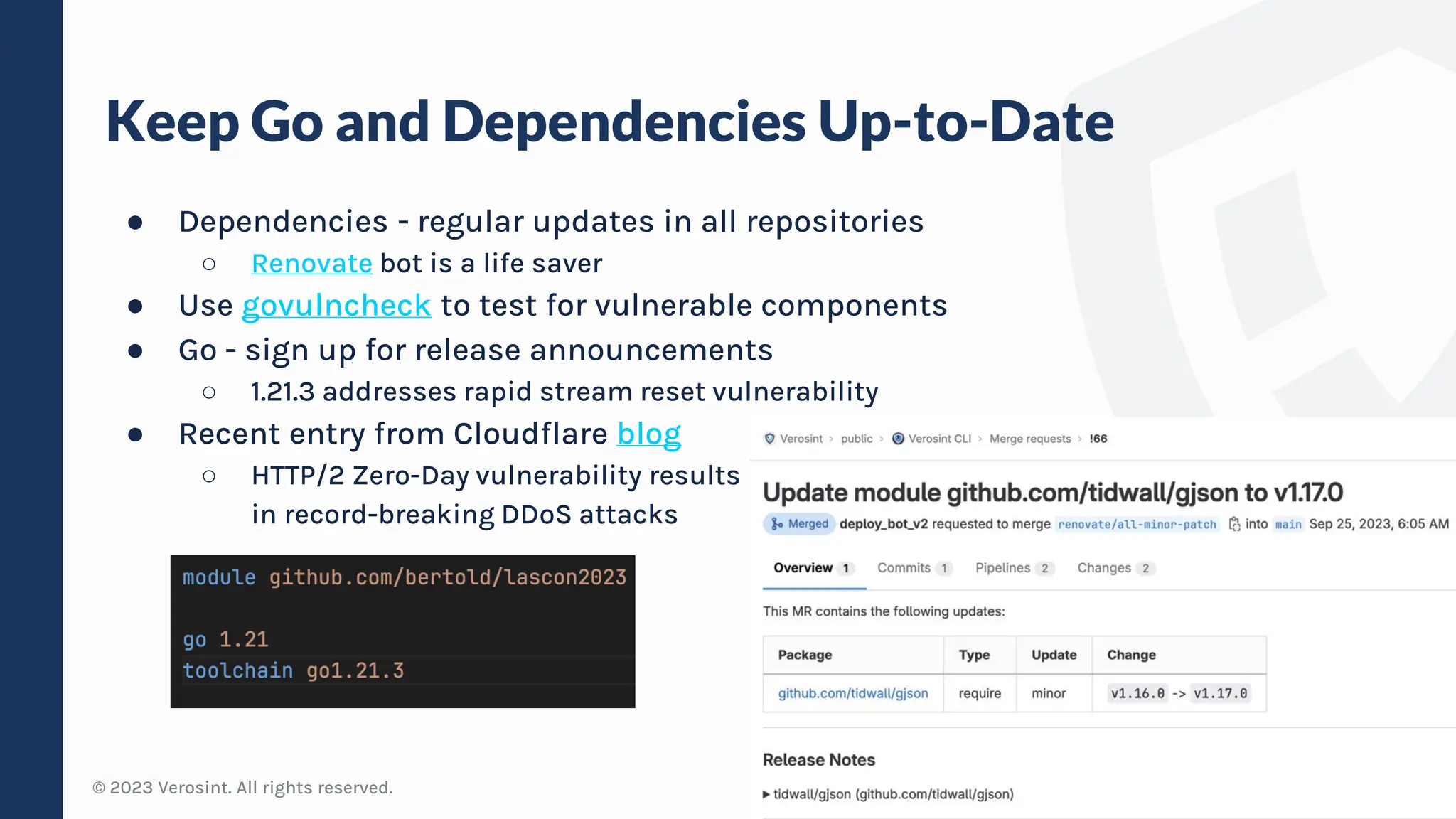 © 2023 Verosint. All rights reserved.
Keep Go and Dependencies Up-to-Date
15
● Dependencies - regular updates in all repositories
○ Renovate bot is a life saver
● Use govulncheck to test for vulnerable components
● Go - sign up for release announcements
○ 1.21.3 addresses rapid stream reset vulnerability
● Recent entry from Cloudflare blog
○ HTTP/2 Zero-Day vulnerability results
in record-breaking DDoS attacks
 
