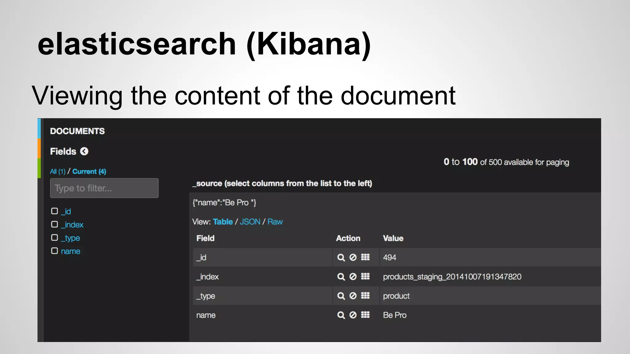 elasticsearch (Kibana) 
Viewing the content of the document 
 