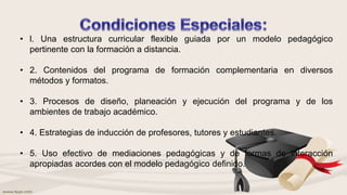 • l. Una estructura curricular flexible guiada por un modelo pedagógico
pertinente con la formación a distancia.
• 2. Contenidos del programa de formación complementaria en diversos
métodos y formatos.
• 3. Procesos de diseño, planeación y ejecución del programa y de los
ambientes de trabajo académico.
• 4. Estrategias de inducción de profesores, tutores y estudiantes.
• 5. Uso efectivo de mediaciones pedagógicas y de formas de interacción
apropiadas acordes con el modelo pedagógico definido.
 