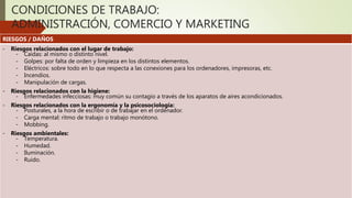 CONDICIONES DE TRABAJO:
ADMINISTRACIÓN, COMERCIO Y MARKETING
RIESGOS / DAÑOS
- Riesgos relacionados con el lugar de trabajo:
- Caídas: al mismo o distinto nivel.
- Golpes: por falta de orden y limpieza en los distintos elementos.
- Eléctricos: sobre todo en lo que respecta a las conexiones para los ordenadores, impresoras, etc.
- Incendios.
- Manipulación de cargas.
- Riesgos relacionados con la higiene:
- Enfermedades infecciosas: muy común su contagio a través de los aparatos de aires acondicionados.
- Riesgos relacionados con la ergonomía y la psicosociología:
- Posturales, a la hora de escribir o de trabajar en el ordenador.
- Carga mental: ritmo de trabajo o trabajo monótono.
- Mobbing.
- Riesgos ambientales:
- Temperatura.
- Humedad.
- Iluminación.
- Ruido.
 