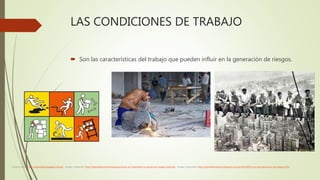 LAS CONDICIONES DE TRABAJO
 Son las características del trabajo que pueden influir en la generación de riesgos.
Imagen iconos: http://verouide2.blogspot.com.es/ ; Imagen trabajador: http://www.bbvacontuempresa.es/a/que-es-importante-la-prevencion-riesgos-laborales ; Imagen rascacielos: http://zamoraformacion.blogspot.com.es/2013/09/cursos-de-prevencion-de-riesgos.html
 
