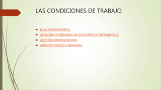 LAS CONDICIONES DE TRABAJO
 EDUCACIÓN INFANTIL.
 ATENCIÓN A PERSONAS EN SITUACIÓN DE DEPENDENCIA.
 GESTIÓN ADMINISTRATIVA.
 ADMINISTRACIÓN Y FINANZAS.
 