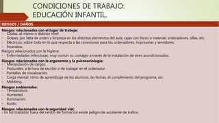 CONDICIONES DE TRABAJO:
EDUCACIÓN INFANTIL.
RIESGOS / DAÑOS
Riesgos relacionados con el lugar de trabajo:
- Caídas: al mismo o distinto nivel.
- Golpes: por falta de orden y limpieza en los distintos elementos del aula: cajas con libros o material, ordenadores, sillas, etc.
- Eléctricos: sobre todo en lo que respecta a las conexiones para los ordenadores, impresoras y servidores.
- Incendios.
Riesgos relacionados con la higiene:
- Enfermedades infecciosas: muy común su contagio a través de la instalación de aires acondicionados.
Riesgos relacionados con la ergonomía y la psicosociología:
- Manipulación de cargas.
- Posturales, a la hora de escribir o de trabajar en el ordenador.
- Pantallas de visualización.
- Carga mental: ritmo de aprendizaje de los alumnos, las fechas, el cumplimiento del programa, etc.
- Mobbing.
Riesgos ambientales:
- Temperatura.
- Humedad.
- Iluminación.
- Ruido.
Riesgos relacionados con la seguridad vial:
- En los traslados fuera del centro de formación existe peligro de accidente de tráfico.
 
