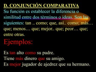 D. CONJUNCIÓN COMPARATIVA
Su función es establecer la diferencia o
similitud entre dos términos o ideas. Son las
siguientes: tan .. como; que, así.. como; más…
que; menos… que; mejor.. que; peor… que;
entre otras.
Ejemplos:
Es tan alto como su padre.
Tiene más dinero que su amigo.
Es mejor jugador de ajedrez que su hermano.
 