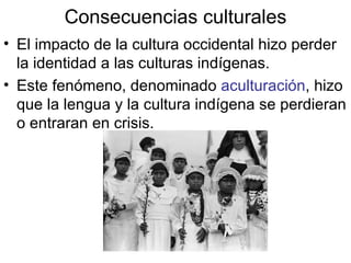 Consecuencias culturales El impacto de la cultura occidental hizo perder la identidad a las culturas indígenas. Este fenómeno, denominado  aculturación , hizo que la lengua y la cultura indígena se perdieran o entraran en crisis.  