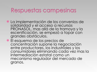 La implementación de los convenios de solidaridad y el acceso a recursos PRONASOL, mas allá de la tramoya y la escenificación, se empezó a topar con grandes obstáculos. El esquema de los precios de concentración supone la negociación entre productores, los industriales y los consumidores eliminando cada vez mas la intermediación estatal como un mecanismo regulador del mercado de granos. 