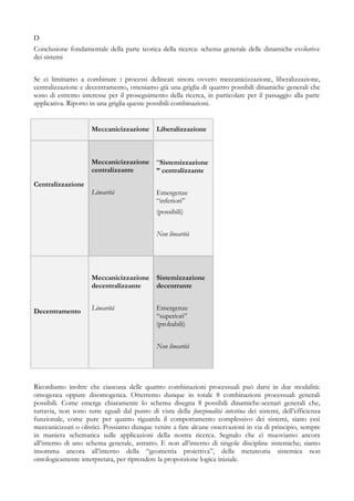 D
Conclusione fondamentale della parte teorica della ricerca: schema generale delle dinamiche evolutive
dei sistemi
Se ci limitiamo a combinare i processi delineati sinora ovvero meccanicizzazione, liberalizzazione,
centralizzazione e decentramento, otteniamo già una griglia di quattro possibili dinamiche generali che
sono di estremo interesse per il proseguimento della ricerca, in particolare per il passaggio alla parte
applicativa. Riporto in una griglia queste possibili combinazioni.
Meccanicizzazione Liberalizzazione
Centralizzazione
Meccanicizzazione
centralizzante
Linearità
“Sistemizzazione
” centralizzante
Emergenze
“inferiori”
(possibili)
Non linearità
Decentramento
Meccanicizzazione
decentralizzante
Linearità
Sistemizzazione
decentrante
Emergenze
“superiori”
(probabili)
Non linearità
Ricordiamo inoltre che ciascuna delle quattro combinazioni processuali può darsi in due modalità:
omogenea oppure disomogenea. Otterremo dunque in totale 8 combinazioni processuali generali
possibili. Come emerge chiaramente lo schema disegna 8 possibili dinamiche-scenari generali che,
tuttavia, non sono tutte eguali dal punto di vista della funzionalità intestina dei sistemi, dell’efficienza
funzionale, come pure per quanto riguarda il comportamento complessivo dei sistemi, siano essi
meccanicizzati o olistici. Possiamo dunque venire a fare alcune osservazioni in via di principio, sempre
in maniera schematica sulle applicazioni della nostra ricerca. Segnalo che ci muoviamo ancora
all’interno di uno schema generale, astratto. E non all’interno di singole discipline sistemiche; siamo
insomma ancora all’interno della “geometria proiettiva”, della metateoria sistemica non
ontologicamente interpretata, per riprendere la proporzione logica iniziale.
 