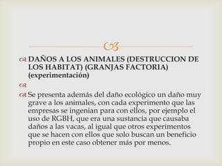 
 DAÑOS A LOS ANIMALES (DESTRUCCION DE
  LOS HABITAT) (GRANJAS FACTORIA)
  (experimentación)

 Se presenta además del daño ecológico un daño muy
  grave a los animales, con cada experimento que las
  empresas se ingenian para con ellos, por ejemplo el
  uso de RGBH, que era una sustancia que causaba
  daños a las vacas, al igual que otros experimentos
  que se hacen con ellos que solo buscan un beneficio
  propio en este caso obtener más por menos.
 
