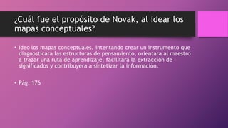 ¿Cuál fue el propósito de Novak, al idear los
mapas conceptuales?
• Ideo los mapas conceptuales, intentando crear un instrumento que
diagnosticara las estructuras de pensamiento, orientara al maestro
a trazar una ruta de aprendizaje, facilitará la extracción de
significados y contribuyera a sintetizar la información.
• Pág. 176
 