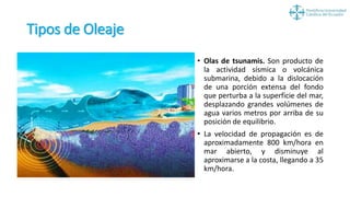 Tipos de Oleaje
• Olas de tsunamis. Son producto de
la actividad sísmica o volcánica
submarina, debido a la dislocación
de una porción extensa del fondo
que perturba a la superficie del mar,
desplazando grandes volúmenes de
agua varios metros por arriba de su
posición de equilibrio.
• La velocidad de propagación es de
aproximadamente 800 km/hora en
mar abierto, y disminuye al
aproximarse a la costa, llegando a 35
km/hora.
 