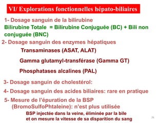 VI/ Explorations fonctionnelles hépato-biliaires
 1- Dosage sanguin de la bilirubine
 Bilirubine Totale = Bilirubine Conjuguée (BC) + Bili non
 conjuguée (BNC)
2- Dosage sanguin des enzymes hépatiques
       Transaminases (ASAT, ALAT)
      Gamma glutamyl-transférase (Gamma GT)
      Phosphatases alcalines (PAL)

3- Dosage sanguin de cholestérol:
4- Dosage sanguin des acides biliaires: rare en pratique
5- Mesure de l’épuration de la BSP
   (BromoSulfoPhtaleine): n’est plus utilisée
         BSP injectée dans la veine, éliminée par la bile
                                                             26
         et on mesure la vitesse de sa disparition du sang
 