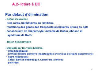 A.2- Ictère à BC

Par défaut d’élimination
- Défaut d’excrétion
 très rares, héréditaires ou familiaux,
 mutations des gènes des transporteurs biliaires, situés au pôle
 canaliculaire de l’hépatocyte: maladie de Dubin johnson et
 syndrome de Rotor

- lésion hépatocytaire

- Obstacle sur les voies biliaires
  * intra hépatiques:
    cirrhose biliaire primitive (hépatopathie chronique d’origine autoimmune)
 * extra hépatiques:
    Calcul dans le cholédoque, Cancer de la tête du
    pancréas

                                                                          28
 