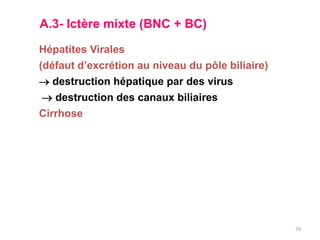 A.3- Ictère mixte (BNC + BC)

Hépatites Virales
(défaut d’excrétion au niveau du pôle biliaire)
 destruction hépatique par des virus
 destruction des canaux biliaires
Cirrhose




                                                  29
 