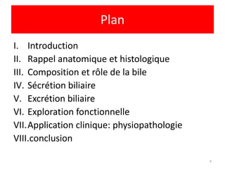 Plan
I. Introduction
II. Rappel anatomique et histologique
III. Composition et rôle de la bile
IV. Sécrétion biliaire
V. Excrétion biliaire
VI. Exploration fonctionnelle
VII.Application clinique: physiopathologie
VIII.conclusion

                                             4
 