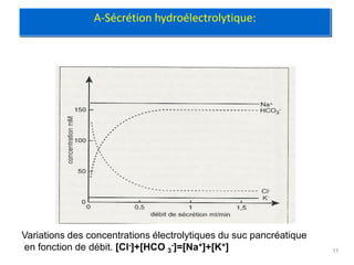 A-Sécrétion hydroélectrolytique:




Variations des concentrations électrolytiques du suc pancréatique
en fonction de débit. [Cl-]+[HCO 3-]=[Na+]+[K+]                     11
 