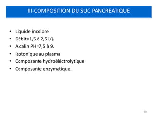 III-COMPOSITION DU SUC PANCREATIQUE


•   Liquide incolore
•   Débit=1,5 à 2,5 l/j.
•   Alcalin PH=7,5 à 9.
•   Isotonique au plasma
•   Composante hydroéléctrolytique
•   Composante enzymatique.




                                               10
 
