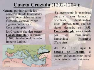 Nefasta: por intrigas de los
comerciantes de las ciudades
puerto comerciales italianas
(Venecia, Génova,) y por
algunos políticos en
Constantinopla:
los Cruzados deciden atacar
Constantinopla y la toman
(1204), fundando el llamado
Imperio Latino.
Cuarta Cruzada (1202-1204 ):
-Se incrementó la enemistad
entre cristianos latinos y
orientales, debilitándose
estos últimos, tanto que dos
siglos después, en 1453,
Constantinopla será tomada
por los musulmanes,
llamándola Estambul
(Turquía).
-En 1571 tuvo lugar la
batalla de Lepanto, el
mayor enfrentamiento naval
de la historia hasta entonces.
 