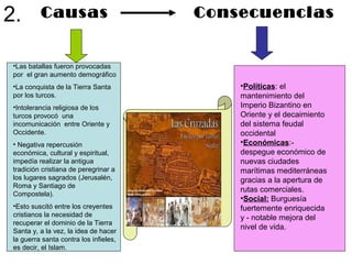 2.        Causas                        Consecuencias


 •Las batallas fueron provocadas
 por el gran aumento demográfico
 •La conquista de la Tierra Santa           •Políticas: el
 por los turcos.                            mantenimiento del
 •Intolerancia religiosa de los             Imperio Bizantino en
 turcos provocó una                         Oriente y el decaimiento
 incomunicación entre Oriente y             del sistema feudal
 Occidente.                                 occidental
 • Negativa repercusión                     •Económicas:-
 económica, cultural y espiritual,          despegue económico de
 impedía realizar la antigua                nuevas ciudades
 tradición cristiana de peregrinar a        marítimas mediterráneas
 los lugares sagrados (Jerusalén,           gracias a la apertura de
 Roma y Santiago de
                                            rutas comerciales.
 Compostela).
                                            •Social: Burguesía
 •Esto suscitó entre los creyentes          fuertemente enriquecida
 cristianos la necesidad de                 y - notable mejora del
 recuperar el dominio de la Tierra
                                            nivel de vida.
 Santa y, a la vez, la idea de hacer
 la guerra santa contra los infieles,
 es decir, el Islam.
 
