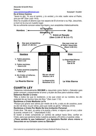 Alexander & Genith Pèrez
Pastores
www.ministeriospv@hotmail.com

Guayaquil - Ecuador

Es el Único Camino
"Jesús le dijo: Yo soy el camino, y la verdad, y la vida; nadie viene al Padre,
sino por Mí" (San Juan 14:6).
Dios ha cruzado el abismo que nos separa de El al enviar a su Hijo, Jesucristo,
a morir en la cruz en nuestro lugar.
No es suficiente conocer estas tres leyes y aun aceptarlas intelectualmente.

CUARTA LEY
“Debemos individualmente RECIBIR a Jesucristo como Señor y Salvador para
poder conocer y experimentar el amor y el plan de Dios para nuestras vidas.”
Debemos Recibir a Cristo
"Mas a todos los que le recibieron, a los que creen en su nombre, les dio
potestad de ser hechos hijos de Dios." (San Juan 1:12)
Recibimos a Cristo Mediante La Fe
"Porque por gracia sois salvos por medio de la fe; y esto no de vosotros, pues
es don de Dios; no por obras, para que nadie se gloríe." (Efesios 2:8-9)
Recibimos a Cristo Por Medio De Una Invitación Personal:
Cristo dice: "He aquí, yo estoy a la puerta y llamo; si alguno oye mi voz y abre
la puerta, entraré a él..." (Apocalipsis 3:20).
El recibir a Cristo comprende un cambio de actitud hacia Dios, confiar en
Cristo, para que perdone todos nuestros pecados y Él entre a nuestras vidas.
¿Tiene sentido lo que hablamos? ¿Le Agradaría Recibir ahora mismo a
Jesucristo en su Corazón como su Salvador?

Este material es propiedad de la Iglesia Cristiana Shekinah Piedras Vivas, Inc.

 
