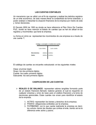 LAS CUENTAS CONTABLES
Un mecanismo que se utilizó con el fin de organizar y realizar los debidos registros
de un ente económico, de esta manera llevar la contabilidad de forma ordenada y
poder analizar e interpretar la situación financiera de la empresa por medio de esta
y tomar decisiones.
El Decreto 2650 de 1993 es donde se hace referencia al Plan Único De Cuentas
PUC, donde se hace mención al listado de cuentas que se han de utilizar en los
registros y movimientos que tiene la empresa.
La forma en cómo se representan los movimientos de una empresa es a través de
una cuenta T.
El catálogo de cuentas se encuentra estructurado en los siguientes niveles
Clase: el primer digito
Grupo: los dos primeros dígitos
Cuenta: los cuatro primeros dígitos
Subcuenta: los seis primeros dígitos
CASIFICACION DE LAS CUENTAS
 REALES O DE BALANCE: representan valores tangibles formando parte
de un estado financiero llamado: balance general, el cual es requerido en
cualquier empresa y sirve de base para el análisis financiero y la toma de
decisiones gerenciales. Estas cuentas nos sirven para identificar el estado
de la empresa.
1. ACTIVO: representan los bienes y derechos de la empresa.
2. PASIVO: obligaciones contraídas por la empresa.
3. PATRIMONIO: con lo que cuenta realmente la empresa es decir,
los activos menos las deudas que contrae el ente, siendo así es la
diferencia entre activo y pasivo.
 