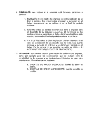  NOMINALES: nos indican si la empresa está teniendo ganancias o
perdidas
4. INGRESOS: lo que recibe la empresa en contraprestación de un
bien o servicio. Sus movimientos empiezan y aumentan en el
haber, normalmente no se debitan si no al final del período
contable.
5. GASTOS: indica las salidas de dinero que tiene la empresa para
el desarrollo de su actividad económica. El movimiento de los
gastos empieza y aumenta en el Debe, disminuye el saldo de esta
cuenta y se cancela al final del período contable en el Haber.
6. Y 7. COSTOS: indica el valor de producir un bien o servicio, es el
valor de adquisición de un producto para la venta. Esta cuenta
empieza y aumenta en el Debe, y se disminuye y cancela en el
haber. Por lo general no se acredita, su saldo es débito. ( 6.
COSTO DE VENTAS) (7 COSTO DE PRODUCCION).
 DE ORDEN: son cuentas creadas para efectos de orden en una empresa,
como por ejemplo para las conciliaciones que se realizan entre la
contabilidad de la empresa y las declaraciones tributarias, se usan para
registrar esas diferencias que se producen.
8. CUENTAS DE ORDEN DEUDORAS: cuando su saldo es
débito.
9. CUENTAS DE ORDEN ACREEDORAS: cuando su saldo es
crédito.
 