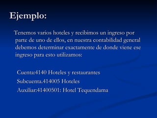 Ejemplo: Tenemos varios hoteles y recibimos un ingreso por parte de uno de ellos, en nuestra contabilidad general debemos determinar exactamente de donde viene ese ingreso para esto utilizamos: Cuenta:4140 Hoteles y restaurantes Subcuenta.414005 Hoteles Auxiliar:41400501: Hotel Tequendama 
