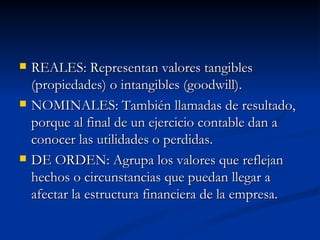 REALES: Representan valores tangibles (propiedades) o intangibles (goodwill). NOMINALES: También llamadas de resultado, porque al final de un ejercicio contable dan a conocer las utilidades o perdidas. DE ORDEN: Agrupa los valores que reflejan hechos o circunstancias que puedan llegar a afectar la estructura financiera de la empresa. 