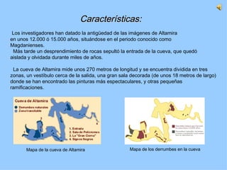 Características: Los investigadores han datado la antigüedad de las imágenes de Altamira en unos 12.000 ó 15.000 años, situándose en el periodo conocido como  Magdanienses.  Más tarde un desprendimiento de rocas sepultó la entrada de la cueva, que quedó  aislada y olvidada durante miles de años. La cueva de Altamira mide unos 270 metros de longitud y se encuentra dividida en tres zonas, un vestíbulo cerca de la salida, una gran sala decorada (de unos 18 metros de largo) donde se han encontrado las pinturas más espectaculares, y otras pequeñas ramificaciones. Mapa de la cueva de Altamira Mapa de los derrumbes en la cueva 