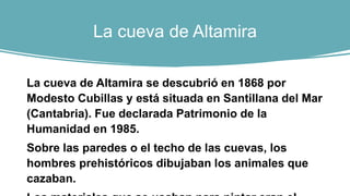 La cueva de Altamira
La cueva de Altamira se descubrió en 1868 por
Modesto Cubillas y está situada en Santillana del Mar
(Cantabria). Fue declarada Patrimonio de la
Humanidad en 1985.
Sobre las paredes o el techo de las cuevas, los
hombres prehistóricos dibujaban los animales que
cazaban.