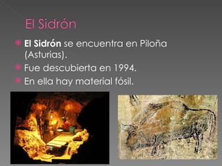 El Sidrón  se encuentra en Piloña (Asturias). Fue descubierta en 1994. En ella hay material fósil. 